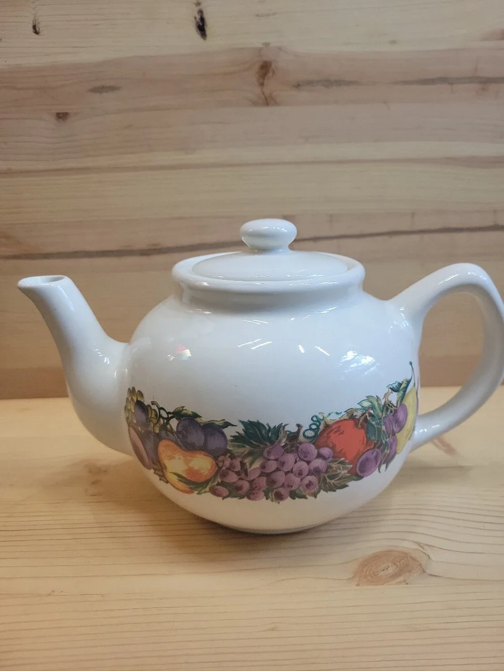 Cornucopia White Ceramic Teapot Fruit Pattern Pottery 48 oz